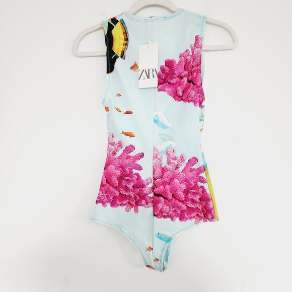 Zara Blue & Pink Ocean Coral & Fish Print Bodysuit Top Size Small Sleeveless - Picture 3 of 7